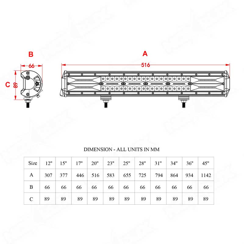 Off Road 20 Inch Triple Row Light Bar Dimensional Drawings